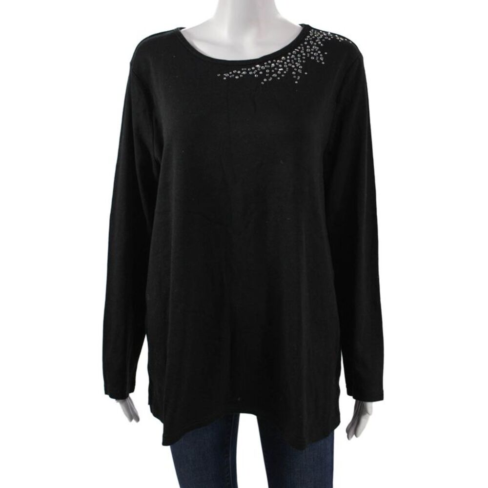 Quacker Factory Women Tunic T Shirt Black Long Sleeve Round Neck Size XL